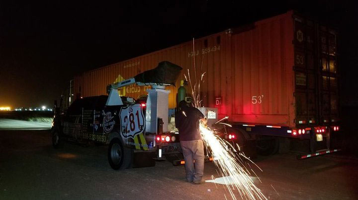 Mario Pena from US 281 Truck And Trailer Services LLC fabricating a brake chamber bracket in Edinburg, Texas.