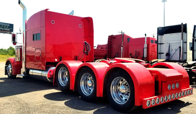 Image of Red Peterbilt Heavy Hauler after frame extension