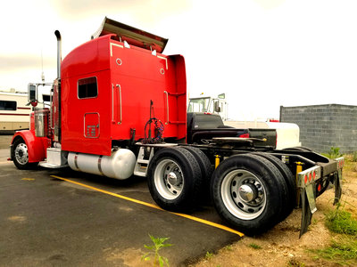 Image of Red Peterbilt Heavy Hauler before frame extension